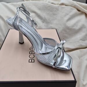 NEW BCBGeneration Rino Sandal stiletto heel slingback square toe silver SZ 9